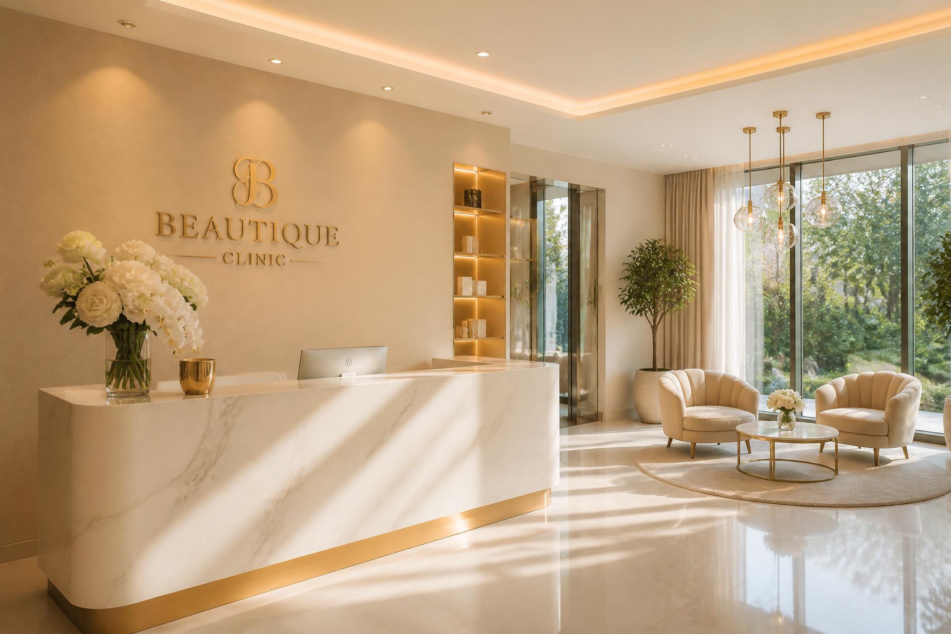 Luxury beauty clinic interior with marble reception and fresh flowers